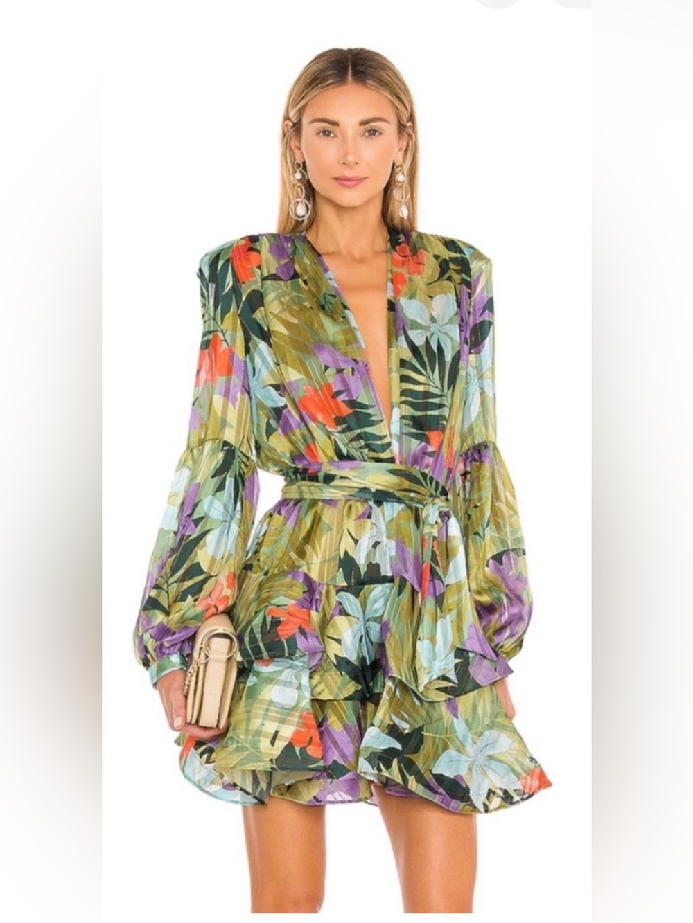 Bronx and Banco Floral Tiered Mini Dress in Green, Purple, Orange